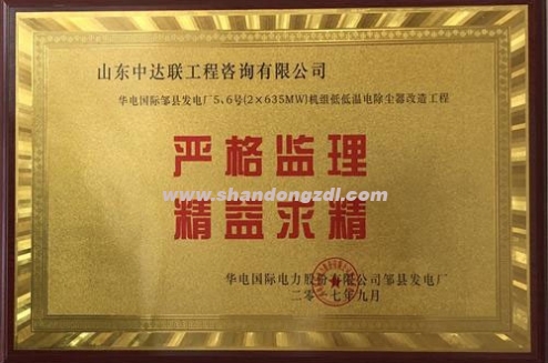 華電國際鄒縣發(fā)電廠項目部榮獲“嚴格監(jiān)理，精益求精”獎牌